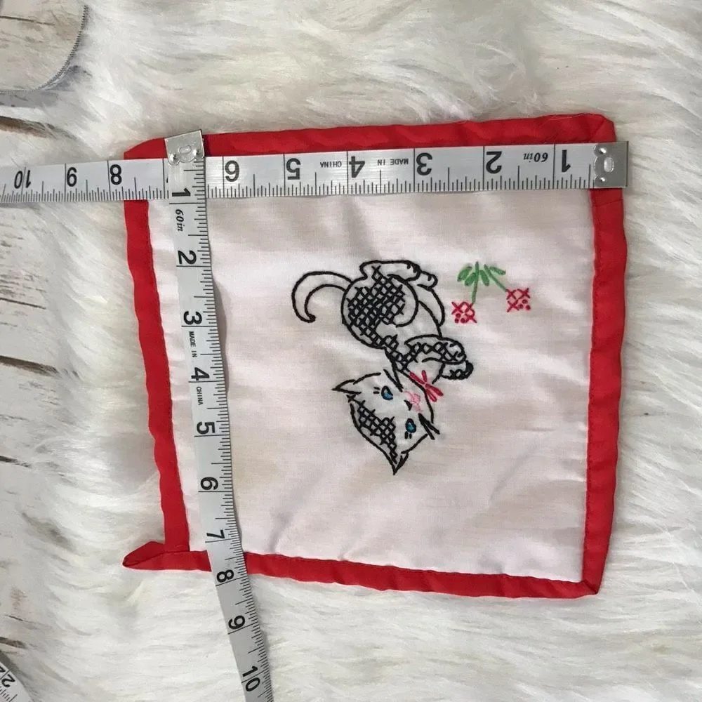 Cat Kitten‎ Hand Embroidered Pot Holder hot pad Red